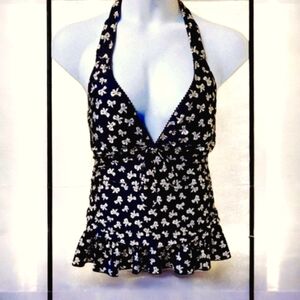 TORRID Vintage Retro Chic Halter Tie Metallic Silver Bow V- Neck Ruffle Swim Top